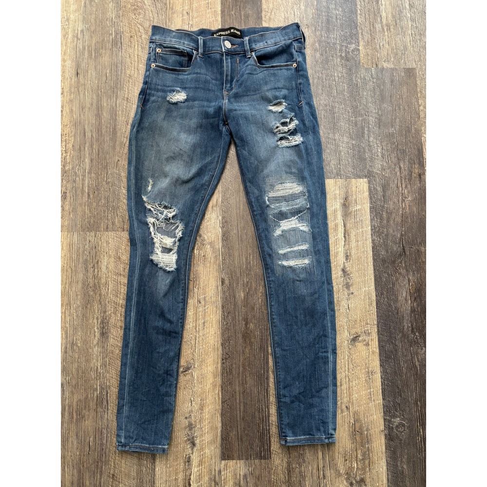 Express Jeans Womens 6R Legging‎ Mid Rise Distressed Skinny Blue Denim RN55285